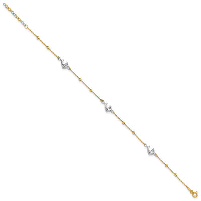 14K Two-tone Polished Beads and Three Dolphins Anklet Plus Extender