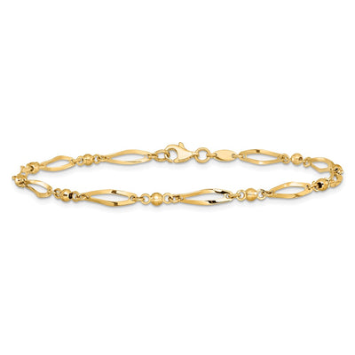 14K Polished Twisted Oval and Mirror Beads Anklet
