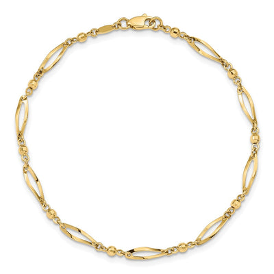 14K Polished Twisted Oval and Mirror Beads Anklet