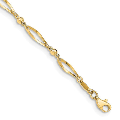 14K Polished Twisted Oval and Mirror Beads Anklet