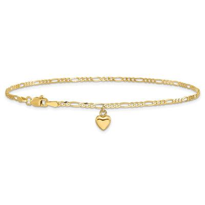 14K Figaro Link Chain with Dangling Puffed Heart Anklet
