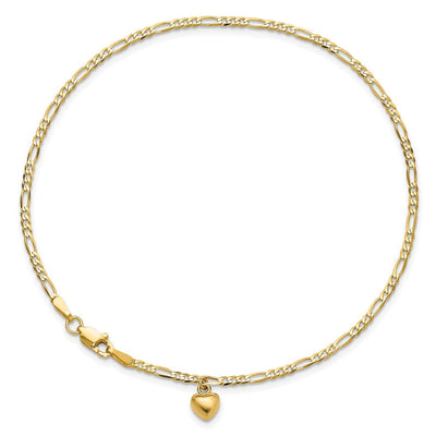 14K Figaro Link Chain with Dangling Puffed Heart Anklet