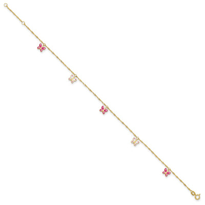 14K Pink and White Enameled Butterfly Dangles Anklet Plus Extender