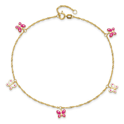 14K Pink and White Enameled Butterfly Dangles Anklet Plus Extender