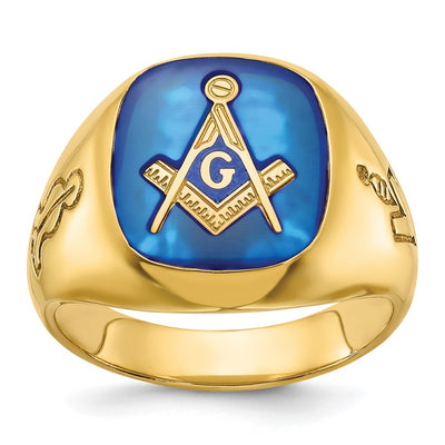 IBGoodman 14K Men's Polished and Grooved with Lab Created Sapphire Blue Lodge Master Masonic Ring