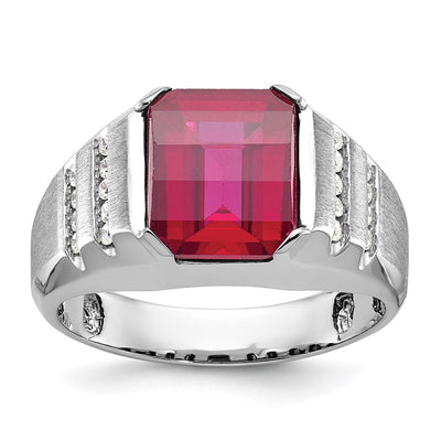 14K White Gold IBGoodman Men's Created Ruby and 1/5 carat Diamond Complete Ring