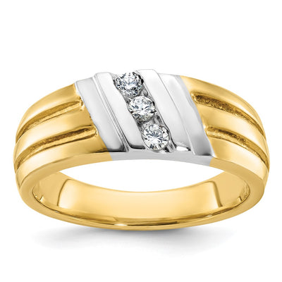 IBGoodman 14K Two-tone Men's Polished and Grooved 3-Stone 1/5 Carat AA Quality Diamond Ring