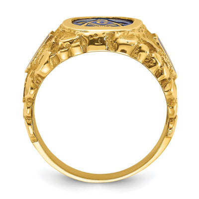 IBGoodman 14K Men's Polished and Nugget Textured with Blue Enamel and Lab Created Sapphire Blue Lodge Master Masonic Ring