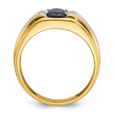 IBGoodman 14K Two-tone Men's Polished Satin and Grooved Lab Created Sapphire and AA Quality Diamond Ring