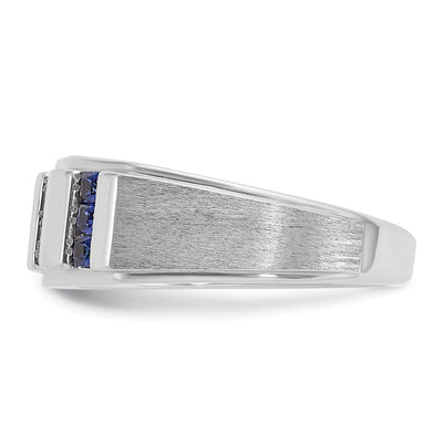 IBGoodman 14K White Gold Men's Polished and Satin 3-Row Lab Created Sapphire and 1/10 Carat AA Quality Diamond Ring