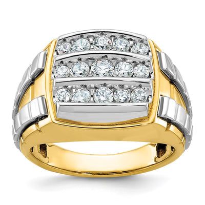 IBGoodman 14K Two-tone Men's Polished and Grooved 3-Row 1 Carat AA Quality Diamond Cluster Ring