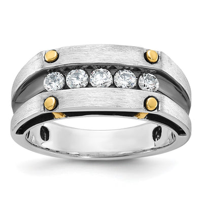 IBGoodman 14K Two-tone with Black Rhodium Men's Polished Satin and Grooved 5-Stone 1/2 Carat AA Quality Diamond Ring