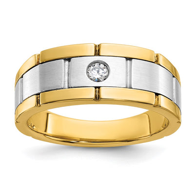 IBGoodman 14K Two-tone Men's Polished Satin and Grooved 1/10 Carat AA Quality Diamond Ring