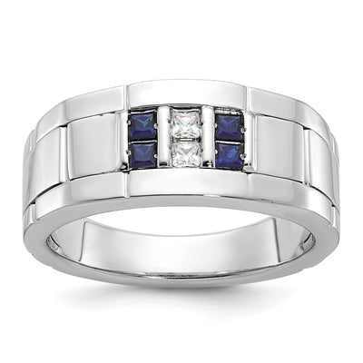 IBGoodman 14K White Gold Men's Polished and Grooved Lab Created Sapphire and 1/10 Carat AA Quality Diamond Ring