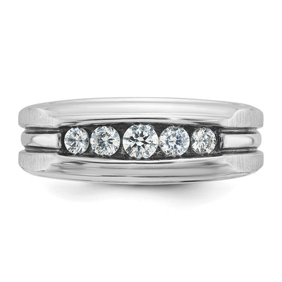 IBGoodman 14K White Gold with Black Rhodium Men's Polished Satin and Grooved 5-Stone 1/2 Carat AA Quality Diamond Ring