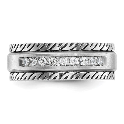 IBGoodman 14K White Gold with Black Rhodium Men's Polished Satin and Grooved 1/5 Carat AA Quality Diamond Ring