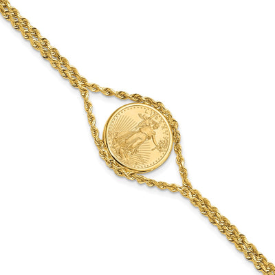 Wideband Distinguished Coin Jewelry 14K Polished Double Rope Mounted 1/10oz American Eagle Prong Set Coin Bezel Bracelet