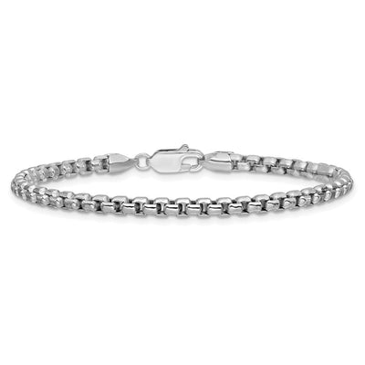 14K White Gold Semi-Solid Round Box with Lobster Clasp Bracelet, 7 x 3.6mm