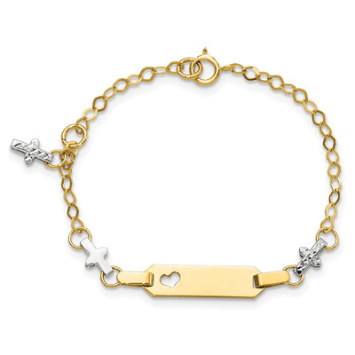 14K Two-tone Polished Textured Cross and Cut-out Heart Plate Baby/Child ID Bracelet with Extender