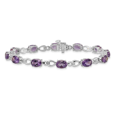 14K White Gold Complete Oval Amethyst and Diamond Fancy Link Bracelet