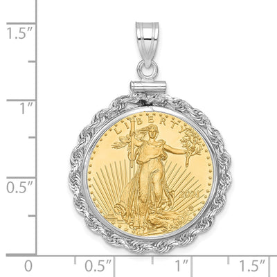 Wideband Distinguished Coin Jewelry 14K White Gold Polished Rope Mounted 1/4oz American Eagle Screw Top Coin Bezel Pendant