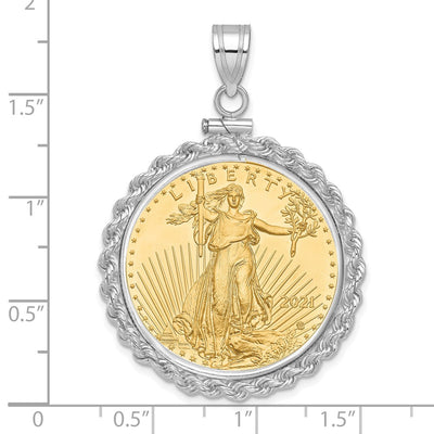 Wideband Distinguished Coin Jewelry 14K White Gold Polished Rope Mounted 1/2oz American Eagle Screw Top Coin Bezel Pendant