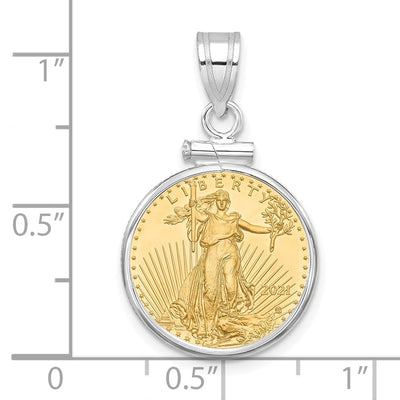 Wideband Distinguished Coin Jewelry 14K White Gold Polished Mounted 1/10oz American Eagle Screw Top Coin Bezel Pendant
