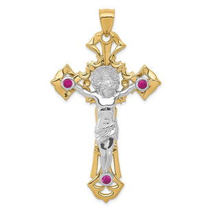 14k Two-tone Polished with Red CZs Crucifix Pendant (Style C2034)