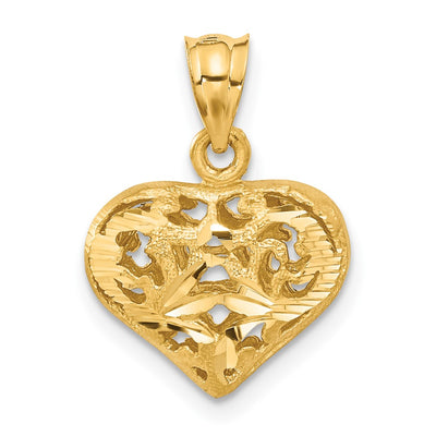 14K Polished 3-D Filigree Puffed Heart Pendant, 21 x 15mm