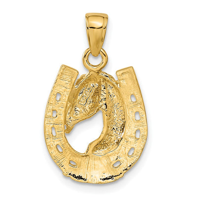 14K Solid Polished Horse Head in Horseshoe Pendant