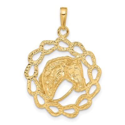 14K Solid Polished Horse Head in Horseshoes Pendant