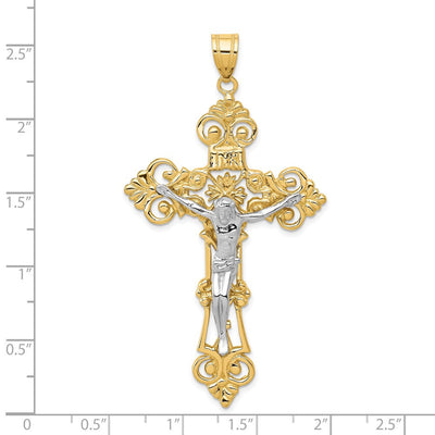 14K Two-tone Inri Fleur De Lis Crucifix Pendant, 68 x 36mm
