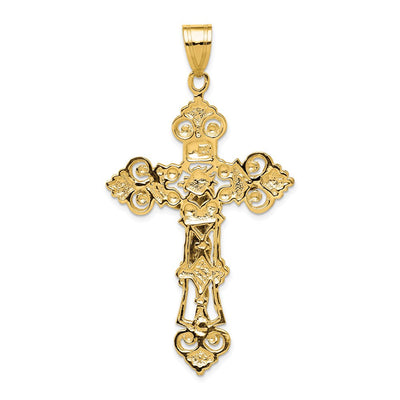 14K Inri Fleur De Lis Crucifix Pendant, 57 x 31mm