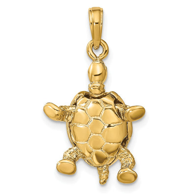14K Solid Polished 3-D Moveable Turtle Pendant, 25 x 16.5mm