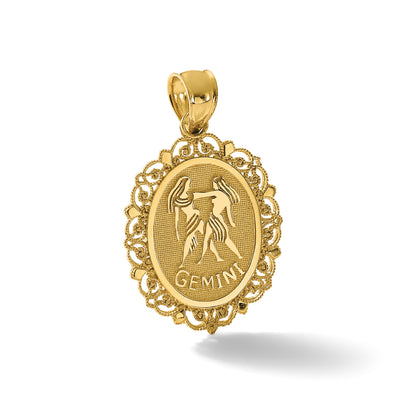 14K Solid Satin Polished Gemini Zodiac Oval Pendant