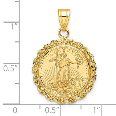 Wideband Distinguished Coin Jewelry 14K Polished Rope Mounted 1/10oz American Eagle Prong Coin Bezel Pendant