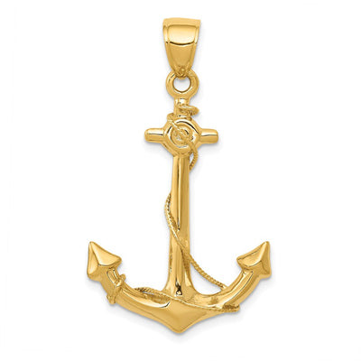 14K 3-D Anchor with Rope Pendant, 39 x 24mm