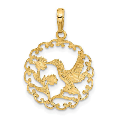 14K Hummingbird in Round Frame Pendant, 27 x 20mm
