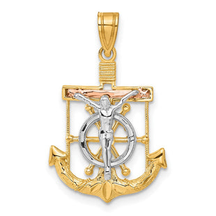 14k Tri-color Diamond-cut w/Textured Mariner's Cross Pendant (Style C3930)