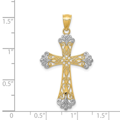 14K w/Rhodium Diamond-Cut Cross Pendant, 38 x 21mm