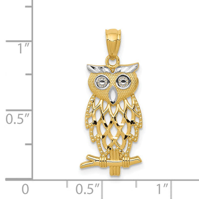 14K Yellow Gold Rhodium Diamond Cut Owl Pendant
