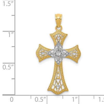 14K w/Rhodium Diamond-Cut Cross Pendant, 28 x 18mm (4517)