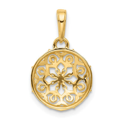 14K and White Rhodium Floral Design Circle Pendant