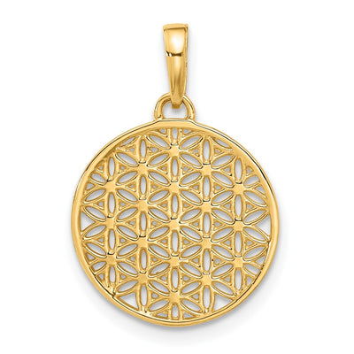 14K and Rhodium Polished and D/C Flower Circle Pendant