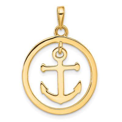 14K and White Rhodium D/C Anchor Dangle in Circle Pendant