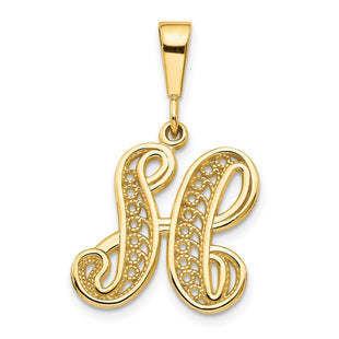 14K Yellow Gold Polished Script Filigree Initial Letter Pendant Necklace (Style C569H)