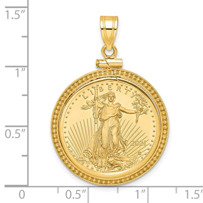 Wideband Distinguished Coin Jewelry 14K Polished and Beaded Mounted 1/4oz American Eagle Screw Top Coin Bezel Pendant
