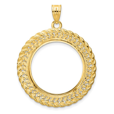 Wideband Distinguished Coin Jewelry 14K Polished and Diamond-cut Heart and Rope Prong Coin Bezel Pendant, 40.5 x 31.2mm