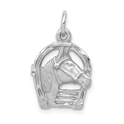 14K White Gold Diamond-cut Horse Head in Horseshoe Charm