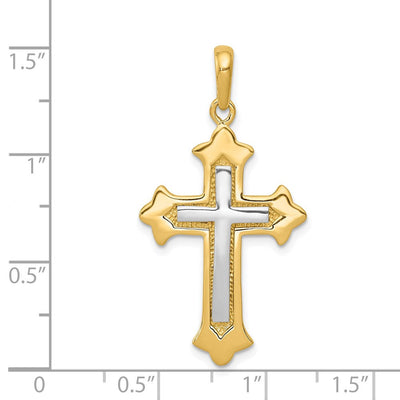 14K Two-tone Fleur De Lis Cross Pendant, 36 x 20mm